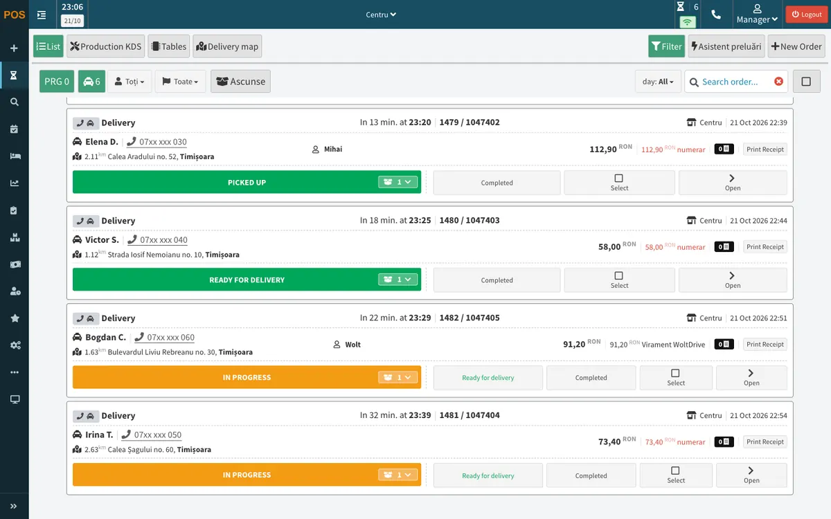 The APPY POS delivery order list, with one order given to a Wolt courier