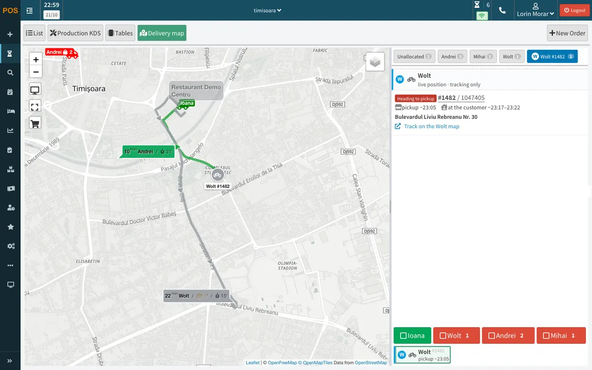 A Wolt courier on the APPY POS map, with the route to the restaurant, the pickup time and the time at the customer
